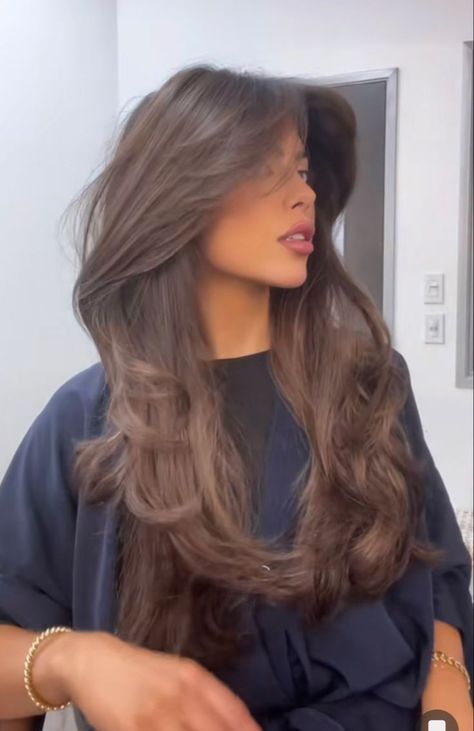 Gorgeous haircut Wispy Layered Hair Long, Long Haircuts Brown Hair, Long Layered Hair Butterfly Cut, Butterfly Haircut Long Brown Hair, Butterfly Haircut Dark Brown Hair, Macchiato Brown Hair Color, Vintage Brunette Hair, Hilights On Brunette Hair, Long Mousy Brown Hair