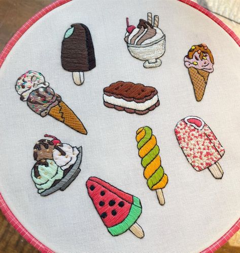 the ice creams all together! 🤗 : Embroidery Dessert Embroidery, Ice Cream Embroidery, Cake Embroidery, Food Embroidery, Embroidery Journal, Embroidery Crafts, Abstract Embroidery, Embroidery Tshirt, Embroidery Videos