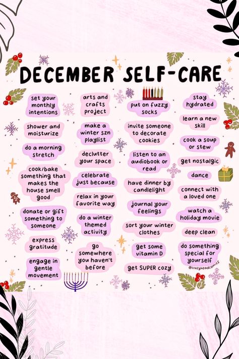 Feeling burned out by the holiday rush and winter blues? This list of Holiday Self Care tips and Self Care Activities will help you relax, recharge, and find joy this season. Save this pin for simple Christmas Self Care ideas to enjoy under cozy blankets and glowing Christmas Trees. Holiday Self Care Tips, December Glow Up, Christmas Self Care Ideas, Holiday Therapy Activities, December Self Care, Wellbeing Wednesday, Self Care Christmas, Christmas Self Care, Holiday Self Care