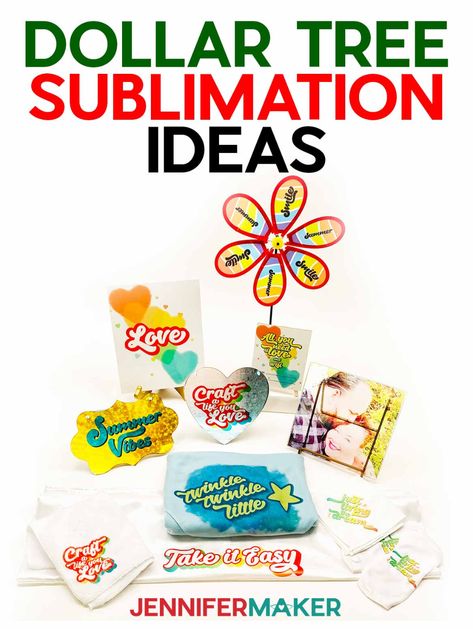 10 Dollar Tree Sublimation Ideas with inexpensive blanks to transfer sublimation printers onto Dollar Tree Sublimation, Diy Backdrop Stand, Diy Drawer Dividers, Jennifer Maker, Printable Sticker Paper, Sublimation Gifts, Sublimation Ideas Projects Inspiration, Ink Crafts, Wood Backdrop