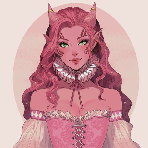 Pink tiefling bard from the game dungeons and dragons wearing a corset dress and a ruffled collar Art Inspiration Beginner, Tiefling Bard Dnd, Nail Art Designs Trending, Aasimar Female, Pink Tiefling, Tiefling Female, Dnd Tiefling, Dnd Bard, Tiefling Bard