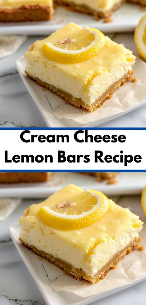 Try this cream cheese lemon bars recipe: tangy, creamy, and perfect for a delightful dessert or snack. Cream Cheese Lemon Bars, Lemon Cream Cheese Bars Recipe, Creamy Lemon Bars, Cream Cheese Recipes Dessert, Lemon Cream Cheese Bars, Cheese Bars, Easy Bar Recipes, Cream Cheese Bars, Cream Cheese Brownies