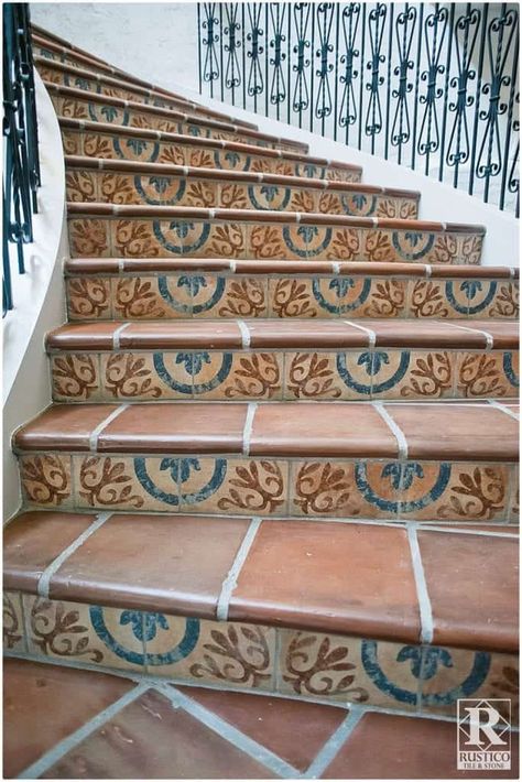 Mexican Stairs, Mexican Tile Floor, Saltillo Tile Floor, Rustic Staircase, Spanish Style Decor, Tile Steps, Saltillo Tile, Tile Stairs, Patio Tiles