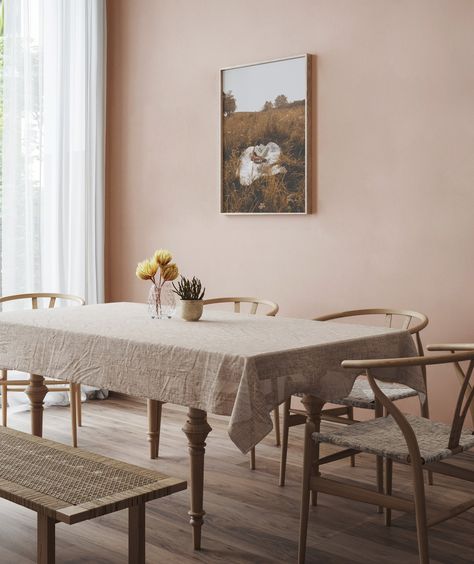 Working as a neutral, opt for dusky pink Oak Plank as an all-over application on walls. This comforting shade creates a grown-up feel for intimate dining areas. Shop Oak Plank at our link in bio today! Light Pink Dining Room Walls, Light Pink Dining Room, Peach Dining Room, Pink Dining Room, Pink Dining Rooms, Earthy Pink, Light Pink Walls, Oak Planks, Perfect House