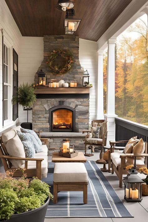 25 Must-Have Farmhouse Electric Fireplace Ideas for a Charming Winter Wonderland - PortablePowerGuides Back Porch Ideas Covered With Fireplace, Porch Fireplace Ideas Farmhouse, Fireplace On Porch Outdoor, Screened In Back Porch With Fireplace, Screen Porch Fireplace, Sunroom Ideas With Fireplace, Fireplace In Sunroom, Porch Fireplace Ideas, Farmhouse Electric Fireplace Ideas