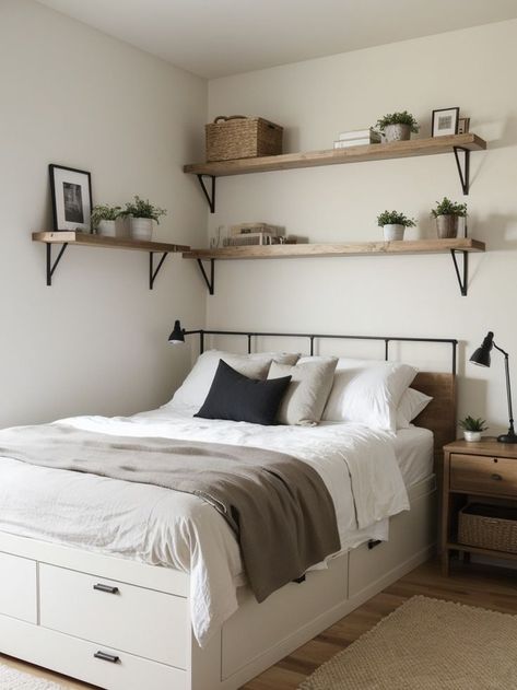 Small Double Bedroom Ideas Storage, Small Bedroom Wall Storage, Above Bed Storage Ideas, Minimalist Bedroom Shelves, Shelves Over Bed Ideas, Over Bed Shelves, Bedroom Shelves Above Bed, Bed Shelf Ideas, Storage Above Bed