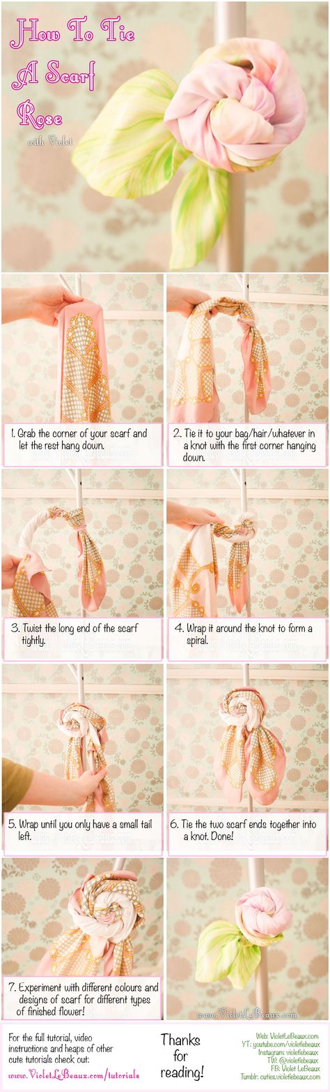 How To Tie A Scarf Into A Rose | Violet LeBeaux- Cute Free Craft Tutorials How To Tie A Scarf Into A Flower, Scarf Rose Knot, Scarf Flower, Scarf Flower Knot, Rose Scarf, 5 Min Crafts, Scarf Knots, Gifts Wrapping Diy, Flower Scarf