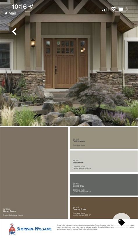 Homes With Dark Trim Exterior, Brown And Beige Exterior House Colors, Dark Beige Exterior House Colors, Mocha Exterior House Color, Gray And Brown Exterior House Colors, Brown Stone Exterior House, Black And Tan Home Exterior, Warm Tone Exterior House Colors, Exterior House Colors With Brown Trim