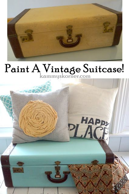 Kammy's Korner: Paint A Vintage Suitcase!  Aqua blue turquoise color pop Painted Suitcase, Suitcase Table, Suitcase Decor, Old Luggage, Diy Suitcase, Upcycle Ideas, Old Suitcases, Vintage Suitcases, Vintage Suitcase