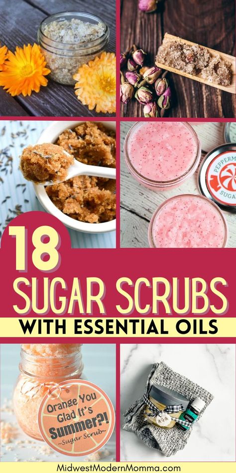 Discover 18 easy-to-make sugar scrub recipes with essential oils for a natural glow and smoother skin. Sugar Scrubs With Essential Oils, Sugar Scrub Diy Easy, Essential Oils For Glowing Skin, Homemade Sugar Scrub Recipes, Homemade Sugar Scrubs, Skincare Homemade, Body Scrub Homemade Recipes, Diy Sugar Scrubs, Sugar Scrub Homemade Recipe