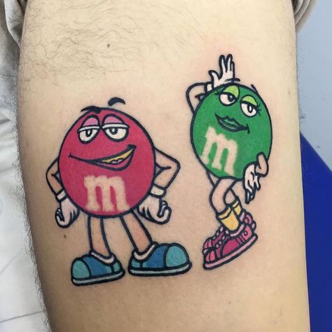 M And M Tattoo, M Tattoo, Candy Tattoo, Partner Tattoos, M&m Characters, Trending Tattoo, M Tattoos, M M Candy, Red Tattoo