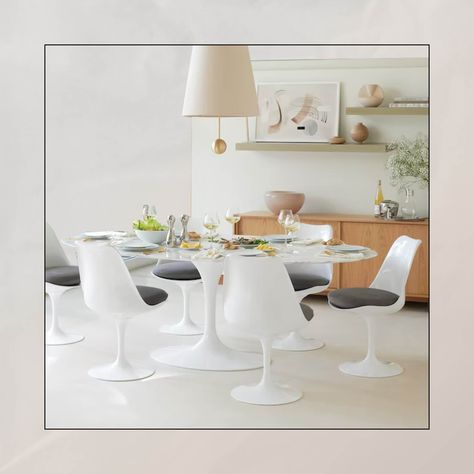 What is a Tulip Table? Plus, 5 Tulip Tables You Can Buy Online Today Tulip Dining Table And Chairs, White Tulip Table And Chairs, Tulip Tables, Tulip Pendant Light, Lamp Tulip, Dining Room Aesthetic, Saarenin Tulip Table, Tulip Table, Table Chairs