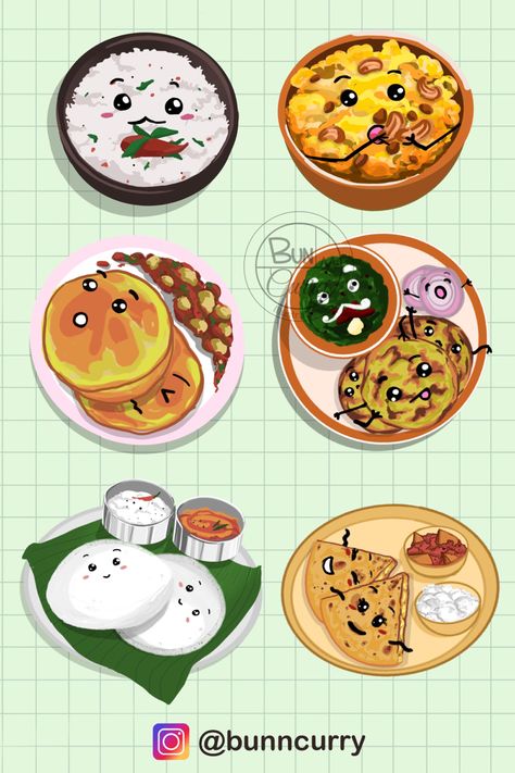 Can Indian food be cute!? Yeah !!! Indian Food Drawing Easy, Food Illustration Art Creative, Indian Food Stickers, Indian Food Doodle, Indian Food Drawing, Indian Food Illustration, Food Drawing Easy, Postcard Project, Monkey Illustration