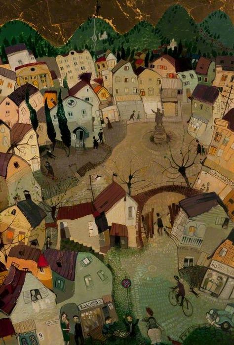 Otar Imerlishvili, Village Illustration, Childrens Books Illustrations, House Illustration, Henri Rousseau, Island Art, Town Square, Art Brut, Art Uk