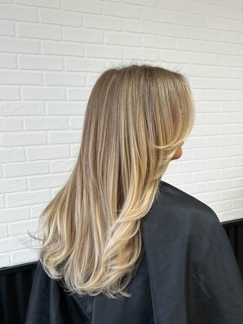 By @LillieMae.Hair 📍Canvas Salon Medium Long Hair Blonde, Light Layers On Long Hair, Blond Long Hair Layers, Blonde Long Haircuts, Blond Long Layered Hair, Blonde Straight Hair With Layers, Straight Blonde Hair Layers, Soft Layers Blonde Hair, Blonde Long Haircut