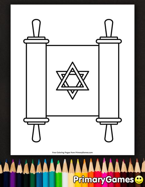 Free printable Hanukkah Coloring Pages eBook for use in your classroom or home from PrimaryGames. Print and color this Torah Scroll coloring page. Simchat Torah Crafts, Yom Haatzmaut Crafts, Torah Craft, Hanukkah Activities Preschool, Hanukkah Coloring Pages, Jewish Aesthetic, Sukkot Crafts, Hanukkah Activities, Hebrew Holidays