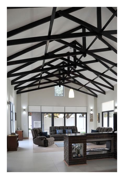 S p a c e Roof Truss Design Exposed Beams, Metal Trusses Ceiling Exposed, Exposed Roof Beams, Exposed Roof Trusses Ceilings, Exposed Trusses Living Room, Exposed Rafters Ceiling, Open Truss Ceiling, Tudor Garage, Exposed Joists