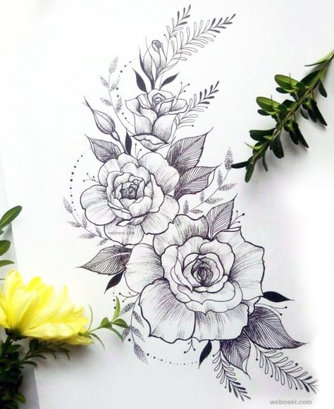 flower drawing rose Pencil Drawings Of Flowers, Flower Tattoo Drawings, Drawing Pin, Female Tattoos, Beautiful Flower Drawings, Drawing Hands, Tattoo Zeichnungen, Men Tattoos, Drawing Eyes