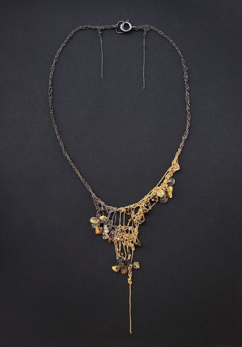 Necklace | Julia Berg. Crochet work with oxidized 925 italian silver chains, goldfilled chains, Smokey Quartz diamond cut beads & Ruliated Quartz chips Chips Necklace, Crochet Silver, Organic Necklace, Short Glass, Crochet Work, Rutile Quartz, Silver Chains, Unusual Jewelry, Creative Jewelry