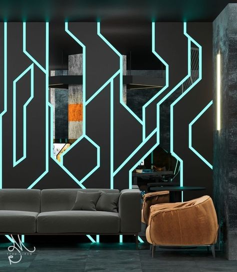 Futuristic Gaming Bedroom, Futuristic Game Room, Gaming Wall Design, Gaming Room Wall Design, Gaming Interior Design, Gaming Center Interior, Game Center Design Ideas, Gaming Center Design, Game Store Design