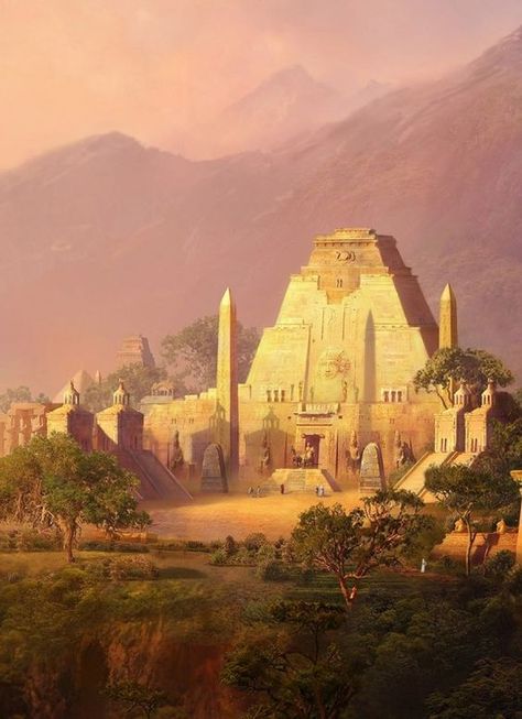 Rather fanciful painting of an Aztec temple with Egyptian-style obelisks. Sphinx Mythology, Aztec Temple, Desert Scene, Fantasy City, Fantasy Castle, Biome, Fantasy Setting, Fantasy Places, Ancient City