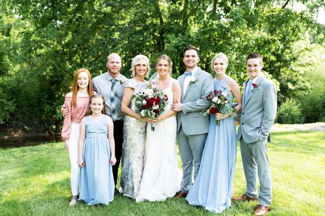 Dusty Blue wedding family photo, grey suit, burgundy flowers bouquet Dusty Blue Wedding Family Photo, Family Wedding Photos, Dusty Blue Wedding, Grey Suit, Dusty Blue Weddings, Burgundy Flowers, Wedding Family, Gray Suit, Wedding Board