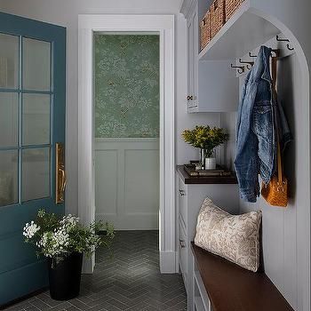 Blue Mudroom and Laundry Room Combo - Transitional - Laundry Room Black Beadboard Backsplash, Gray Mudroom, Blue Mudroom, Beadboard Trim, Shiplap Trim, Transitional Laundry Room, Gray Shiplap, Mudroom Cabinets, Blue Shelves