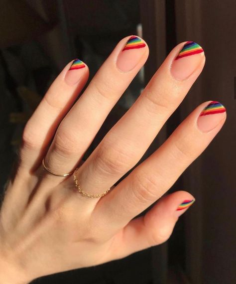 30+ Best Pride Nail Ideas That'll Brighten Your Outfits : Rainbow Side French Short Nails I Take You | Wedding Readings | Wedding Ideas | Wedding Dresses | Wedding Theme Pride Nail Ideas, Pride Nail, Pride Nails, Wedding Readings, Moon Nails, Nude Nail Designs, French Nail Art, Simple Gel Nails, Lines On Nails