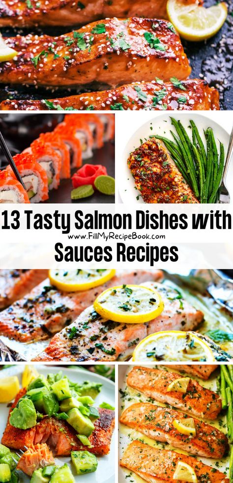 sharing a few tasty salmon dishes recipe ideas to create with sauces in the oven, bake them with lemons and vegetables, add salads and sauces and a how to make sushi Sauteed Salmon, Convection Oven Recipes, Oven Salmon, Fish Meals, Salmon Recipes Baked Healthy, Salmon With Avocado Salsa, Sauces Recipes, Butter Salmon, Appetizer Platters