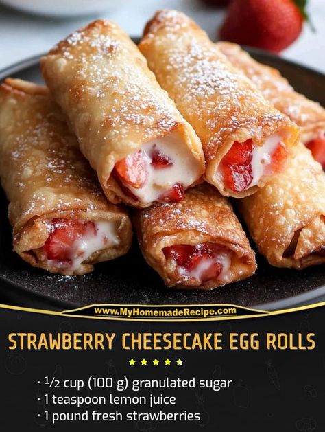 Family Cookbook Recipes | Strawberry Cheesecake Egg Rolls | Facebook Dessert Eggroll Ideas, Cheesecake Egg Rolls Recipe, Strawberry Cheesecake Egg Rolls, Egg Roll Filling Recipes, Dessert Egg Rolls, Eggrolls Recipe, Cheesecake Egg Rolls, Eggroll Recipe, Desserts Mini