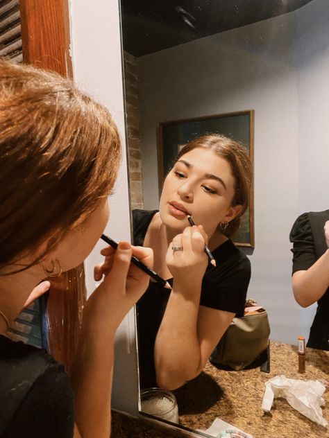 Person Doing Makeup In Mirror, Girl Doing Makeup In Mirror, Doing Makeup In Mirror, Getting Ready In Mirror, Getting Ready Mirror, Work Bathroom, Girls Getting Ready, Doing Makeup, Fix Makeup