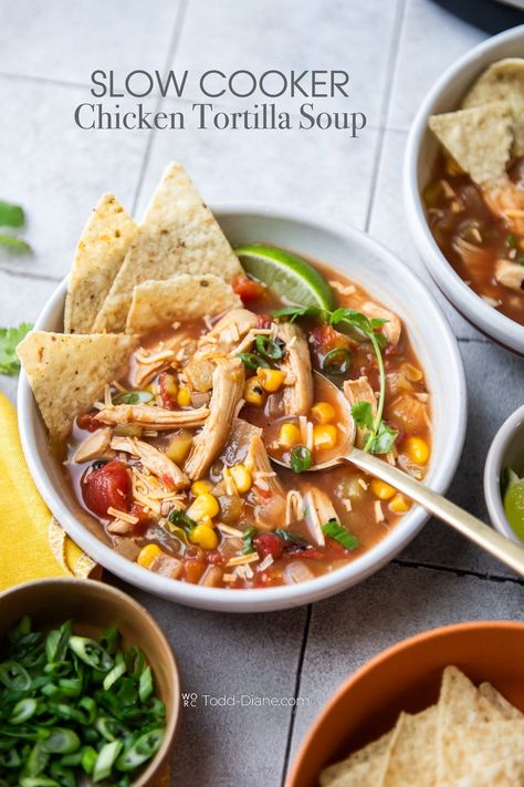 Slow Cooker Chicken Tortilla Soup Crockpot Tortilla Chicken Soup, Crock Pot Tortilla Soup, Slow Cooker Chicken Tortilla Soup Recipe, Brothy Soups, Crock Pot Chicken Tortilla Soup, Easy Tortilla Soup Recipe, Crockpot Chicken Tortilla Soup, Slow Cooker Tortilla Soup, Ww Soup