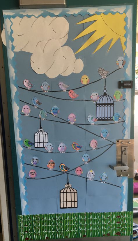 Spring bird on a wire theme classroom door Bird Classroom Door Ideas, Birds Decorations For Classroom, Bird Door Decorations Classroom, Birds Theme Classroom Decor, Bird Bulletin Board Ideas, Bird Theme Classroom, Boho Birds Classroom Theme, Bird Classroom Decor, Preschool Door Decorations