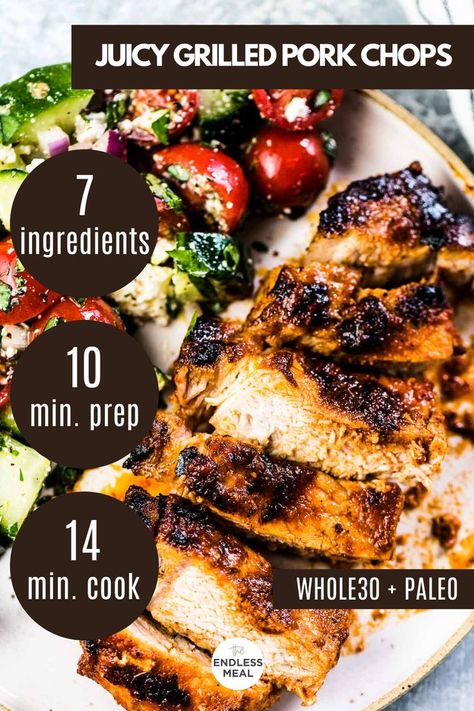 These grilled pork chops are THE BEST ever. They're easy to make, flavorful, and always juicy. They're a quick & healthy BBQ recipe everyone will LOVE! Whole 30 Bbq Recipes, Keto Grilled Pork Chop Recipes, Whole 30 Pork Chop Marinade, Pork Chop Grilled Recipes, Flavorful Pork Chop Recipes, Easy Grilled Pork Chops, Healthy Grilled Pork Chop Recipes, Pork Chop Recipes Whole 30, Pork Paleo Recipes