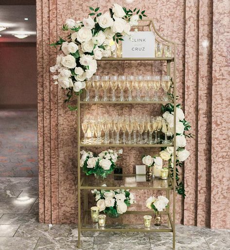 Champagne Wedding Shelf, Champagne Bar Ideas Wedding Showers, Elegant Wedding Bar Set Up, Champagne Bar Cart Wedding, Bridal Desserts, Sip And Be Seated, Wedding Champagne Bar, Steam Whistle, Wedding Welcome Table