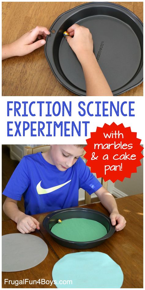 Friction Science Experiment with Marbles and a Cake Pan - This science experiment for kids is a simple way to demonstrate the effects of friction. Friction Activities, Grade 3 Science, Science Experiment For Kids, Experiment For Kids, Boys Cake, 4th Grade Science, 5th Grade Science, Easy Science Experiments, Force And Motion