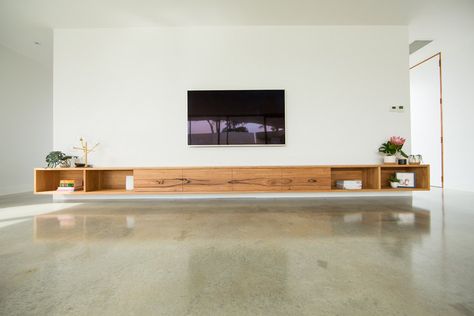 Timber joinery project - Connewarre Timber Tv Unit, Hanging Tv On Wall, Floating Tv Cabinet, Recycled Timber Furniture, Floating Tv, Floating Cabinets, Living Room Tv Unit, Custom Furniture Design, Timber Furniture