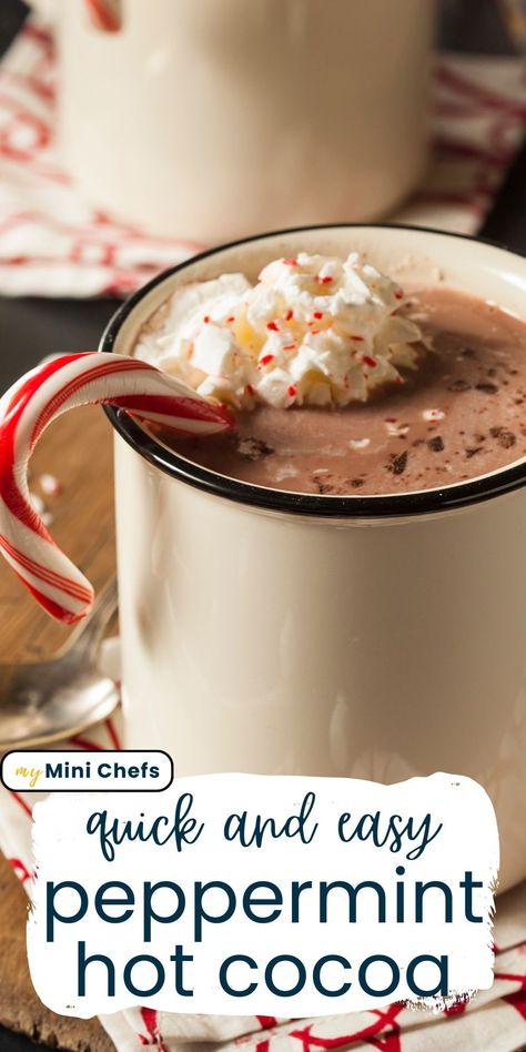 This peppermint hot chocolate recipe is incredibly easy to make. We're not making hot chocolate from scratch on the stove top here. Instead, we are simply taking store bought hot chocolate packets and flavoring them using peppermint extract, candy canes, and whipped creamy. Peppermint Hot Cocoa Recipe, Candy Cane Hot Chocolate, Stove Top Hot Chocolate, Peppermint Hot Chocolate Mix Recipe Dry, Pioneer Woman Hot Chocolate, Hot Chocolate Peppermint, Hot Chocolate Mix Recipes Dry, Peppermint Hot Chocolate Mix, Peppermint Hot Chocolate Recipe