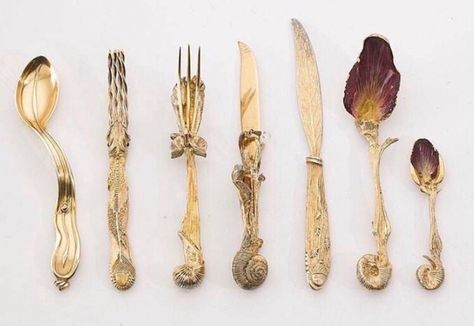 Salvador Dali's cutlery set designed by Claude Lalanne, 1957 Tiny Spoons, Salvador Dali, Land Art, Cutlery Set, Dali, Forks, Spoons, Flatware, The Little Mermaid