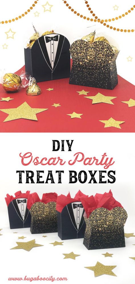 DIY Oscar Party Treat Boxes Auction Decorations, Diy Red Carpet, Oscar Party Decorations, Leavers Party, Red Carpet Decorations, Hollywood Gala, Treat Boxes Diy, Oscars Theme Party, Family Reunion Decorations