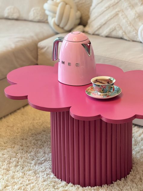 Baby Raspberry Cloud ☁️ Unique coffee table handcrafted for you by me.  The table is very well protected from the inside with a hand-made wooden structure.  Fluted legs table are made of wooden mouldings.  The table top is made of plywood (MDF board) and painted with acrylic paint.  The table can be painted in any colour you wish. Just text me and we will try to find a perfectly matching colour especially for you.  It is also possible to personalise the table in terms of height and width of the Fluted Table, Pink Coffee Table, Funky Table, Funky Living Rooms, Handmade Coffee Table, Unique Coffee Table, Apartment Decor Inspiration, Colorful Table, Unique Coffee