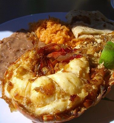 Lobster, Puerto Nuevo Style - even as a poor grad school student I could eat like a king in Puerto Nuevo! Cooking Crawfish, Cooking Prawns, Quba Mosque, How To Make Lobster, Lobster Roll Recipes, Grilled Lobster, Baja California Mexico, Rice Beans, Crab And Lobster