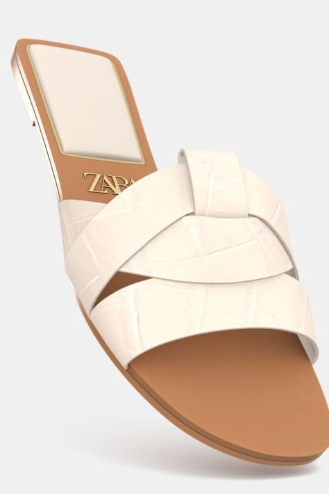 CROSSOVER FLAT SLIDER SANDALS - Ecru White | ZARA Ireland Zara Flat Sandals, 90s Glam, Zara Flats, Zara Sandals, Slider Sandals, Studio Nicholson, Basic Makeup, Cross Straps, Trouser Jeans