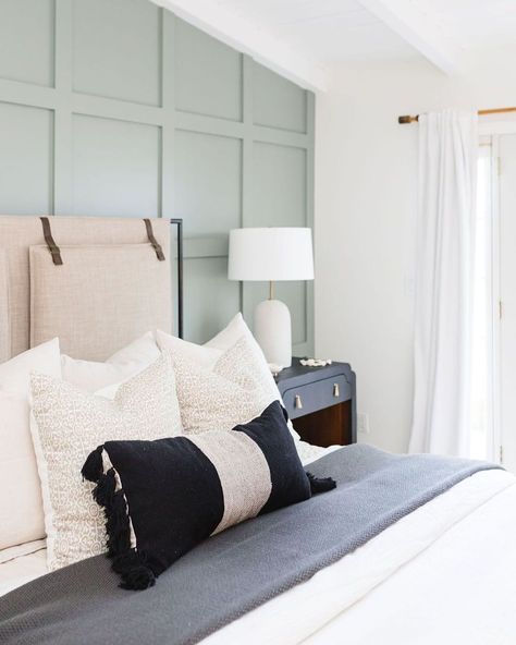 South Harlow Interiors on Instagram: “Soft earth tones are our jam! This grid board and batten wall in a soothing sage green has really won our hearts 🙌🏼 // Photography by…” Acacia Haze, Soothing Bedroom, Pitched Ceiling, Moore House, Bedroom Scene, Board And Batten Wall, Wall Panels Bedroom, Favorite Paint Colors, Green Paint Colors