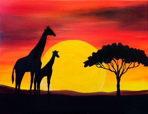 Paint And Sip Studio, Africa Drawing, Paintings Diy, Silhouette Painting, African Art Paintings, Oil Pastel Art, Africa Art, Paint And Sip, Painting Gallery