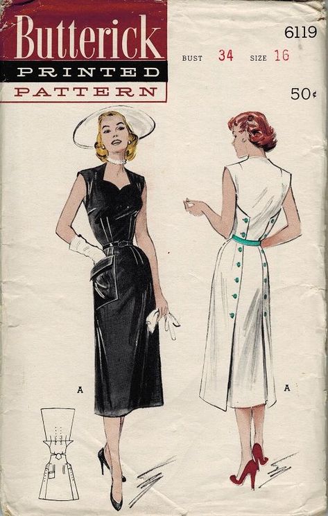 Butterick 6119; ca. 1952; Slim Casual With Back Button Closing: This wonderful slim casual will... 1950s Sewing Patterns, Patron Vintage, Retro Sewing Patterns, Look Retro, Vintage Dress Patterns, Butterick Pattern, Barbie Vintage, Retro Mode, Vestidos Vintage