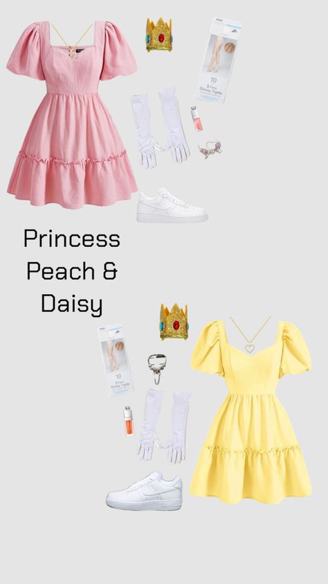 princess peach and daisy costume! #halloween #halloweencostumes #princesspeachanddaisy #supermariokart #mariohalloweencostume #outfitinspo #halloweencosteinspo #inspo #insporation #halloweenvibes Princess Peach And Daisy Costume, Princess Peach And Daisy, Princess Peach Halloween Costume, Princess Peach Halloween, Peach And Daisy, Mario Halloween Costumes, Daisy Costume, Fun Halloween Outfits, Princess Peach Costume