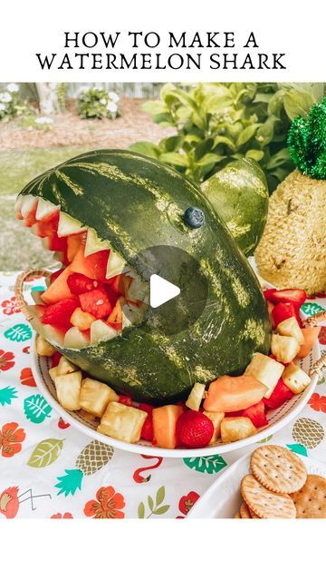 Shark Watermelon Fruit Bowl, Watermelon Shark Carving, Jimmy Buffett Party, Watermelon Fruit Bowls, Margaritaville Party, Watermelon Shark, Barbie Pool, Barbie Pool Party, Baby Shower Watermelon