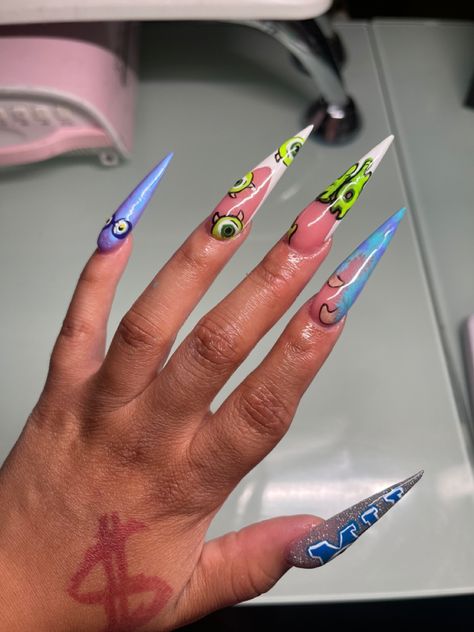 Monsters Inc Nails Design, Monsters Inc Nails Acrylic, Monster Inc Nails Design, Monster Ink Nails, Monster University Nails, Monster Inc Nails, Monsters Inc Halloween, Disney Themed Nails, Monsters University