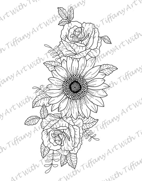 DIGITAL FILE: Sunflower and Roses Flower Tattoo Design - Etsy Carnation Tattoo, Tattoo Website, Lotus Tattoo Design, Sunflowers And Roses, Bouquet Tattoo, Tattoo Quotes For Women, Custom Temporary Tattoos, Roses Tattoo, Tattoo Templates